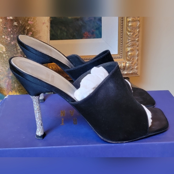 STUART WEITZMAN BLACK SATIN CRYSTAL HIGH HEEL SLIDE SANDALS 9 - Picture 11 of 11